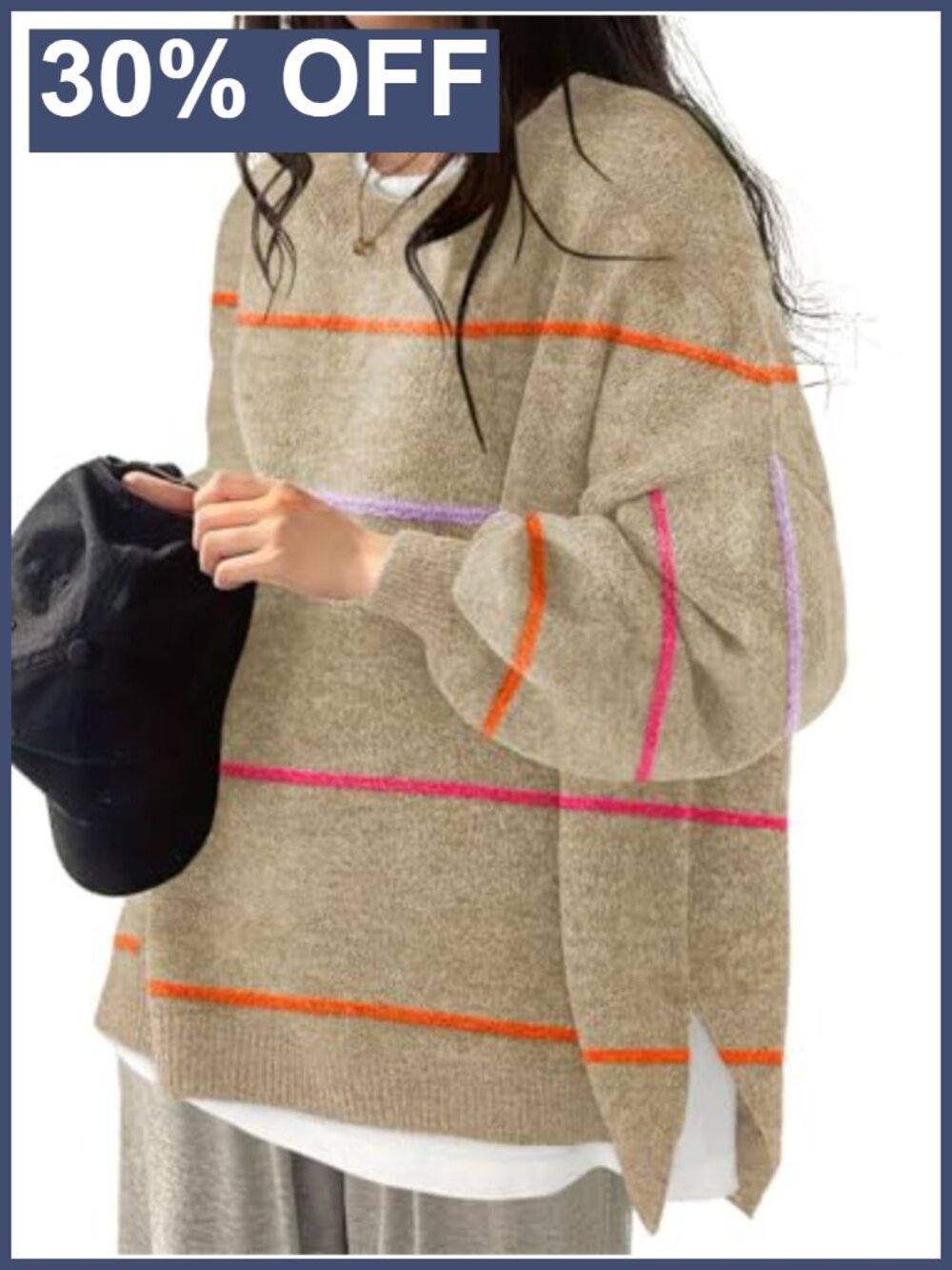 Oversized Ribbed Pullover Sweater with Side Slit Casual Fall